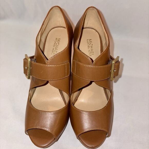 Michael Kors Eleni Block Heels Platform Peep Toe Brown Leather Women’s Size 6M - Picture 2 of 8